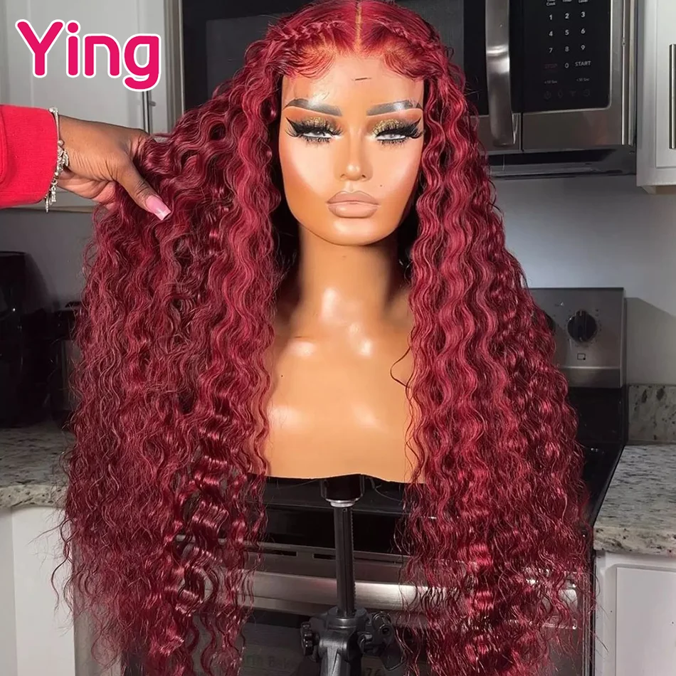 Ying 99j Burgund Colord Transparent 13x4 Curly Wave Lace Front Wigs Deep Wave Brazilian Remy 13x6 Lace Frontal Human Hair Wigs