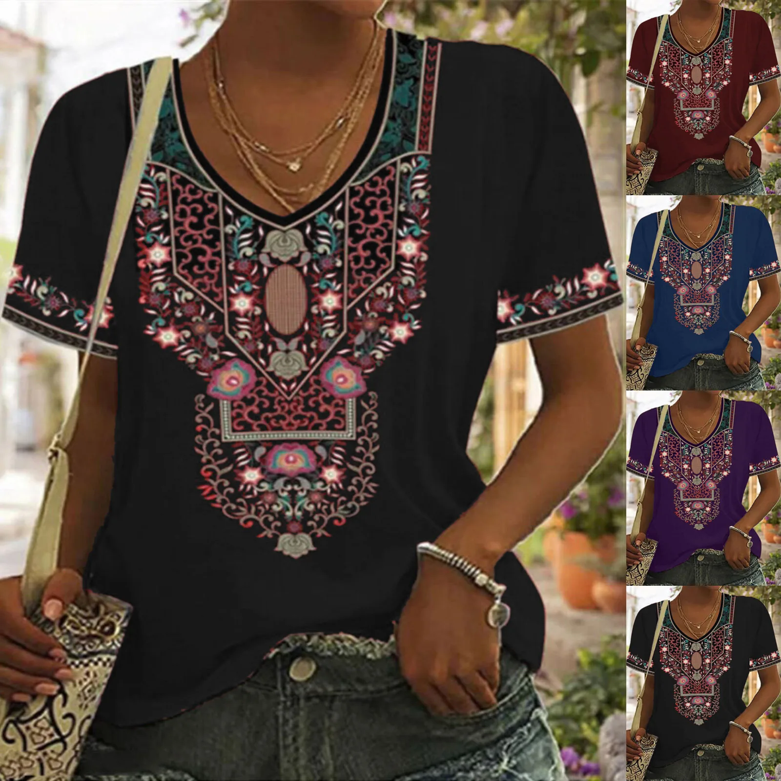 

Retro Summer Fashion Pullover Women's V Neck Loose Ethnic Style Printed Short-sleeved T-shirt Casaul Harajuku Abstract New Shirt