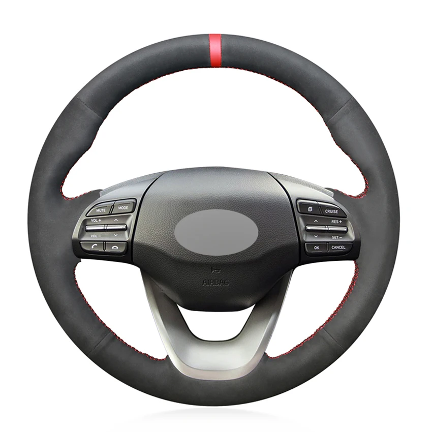 

Black Artificial Suede Red Marker Hand-stitched No-slip Car Steering Wheel Cover for Hyundai Kona 2017 2018 2019