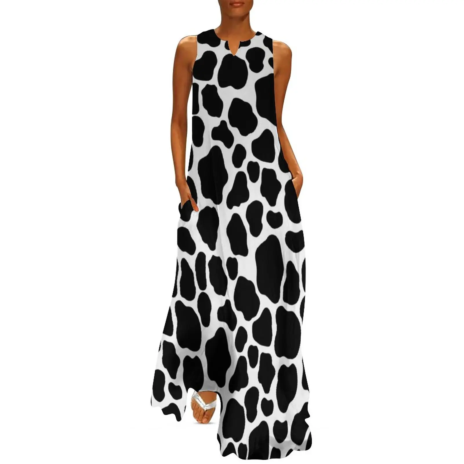 

Женское винтажное платье макси, длинное пляжное платье черно-белого цвета с принтом коровы в уличном стиле