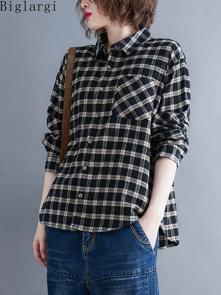 

Oversized Spring Autumn Loose Plaid Shirt Women Casual Big Size Korean Ladies Shirts 2022 Woman Retro Cotton Long Sleeve Shirt