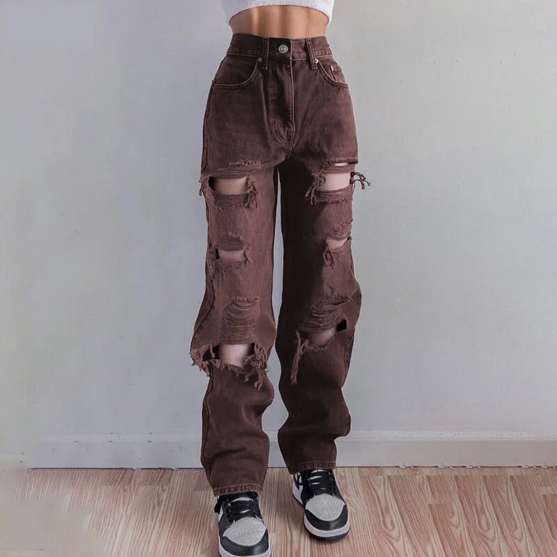 2022 Brown Ripped Vintage Woman's Distressed Jeans Streetwear Hole Hip Hop High Waist Pants Fashion Straight Denim Trousers
