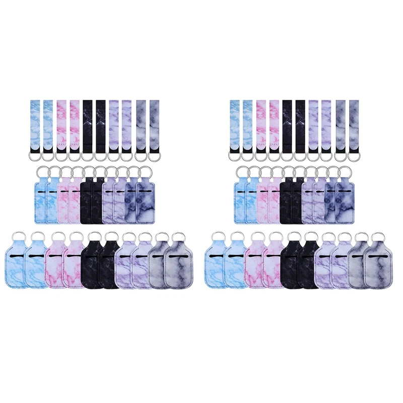 

60Pcs Marble Style Travel Bottle Keychain Holders Set, Keychain Wristlet Lanyards And Lipstick Holder Keychain