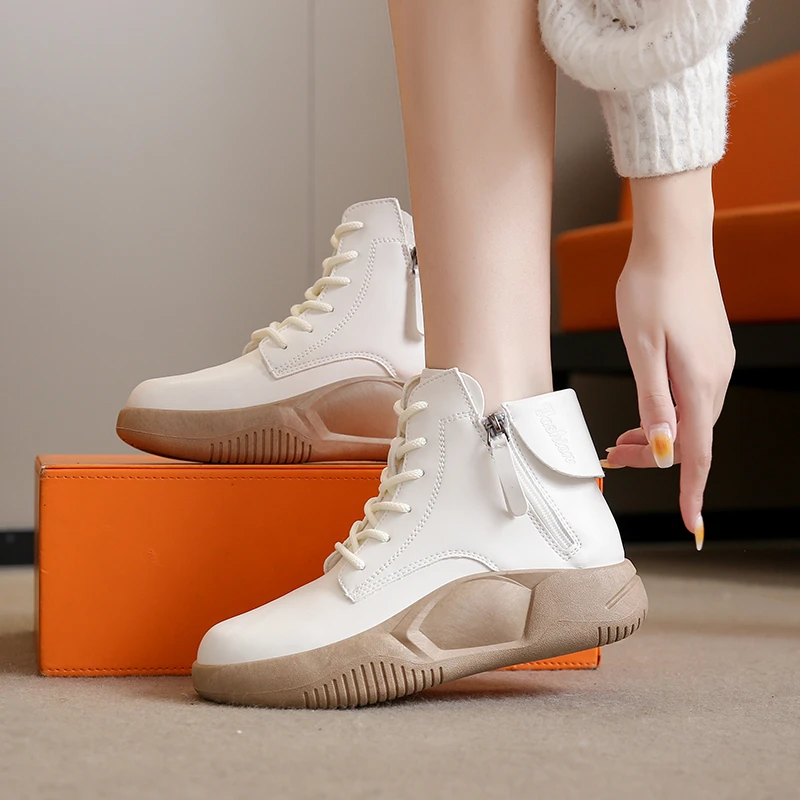 

Женские кожаные ботинки, зимняя обувь, женские ботинки с круглым носком, на шнуровке, на плоской подошве, на молнии, до середины икры, с резин...