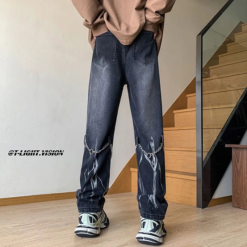 Mężczyźni Tie Dye Gradient Color Brown Jeans Mens American Retro Jean Pants High Street Trendy Brand Chain Design Cargo Techwear