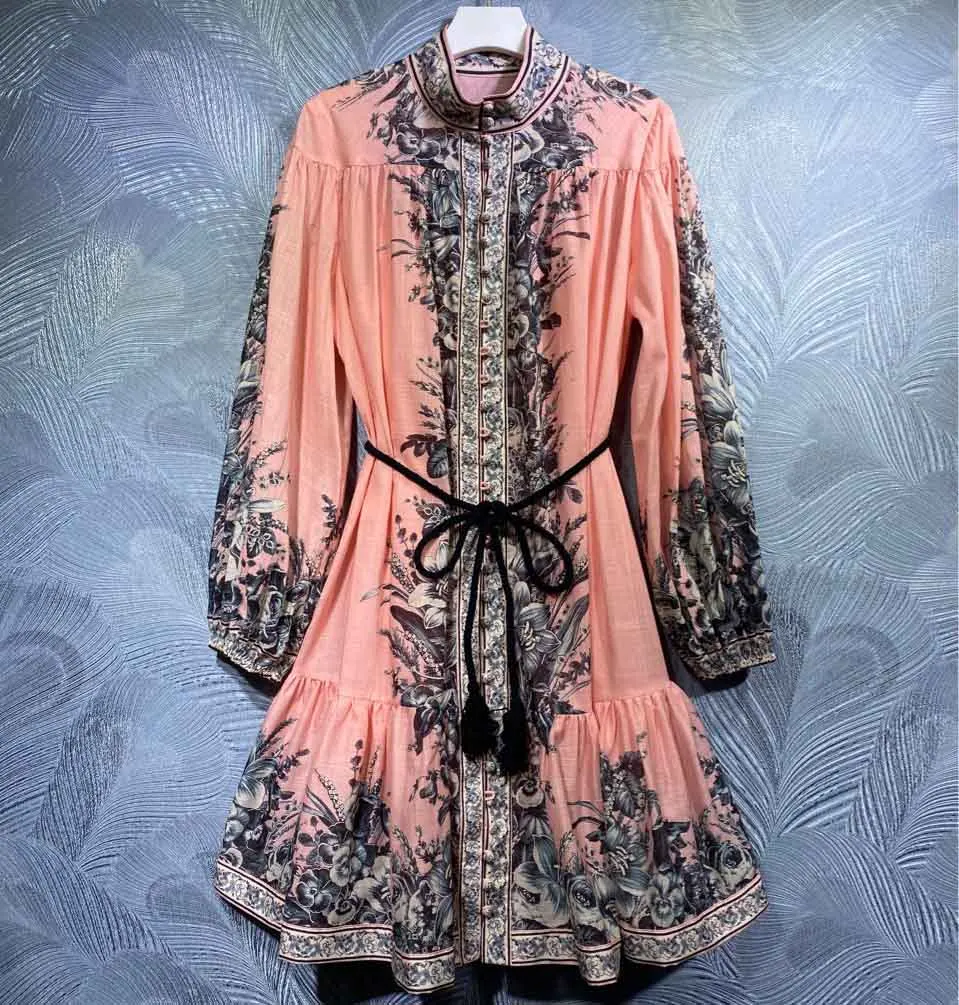 

100% cotton 2022 spring women Bohemian holiday printed pink dresses stand collar single breasted big hem mini dress B59