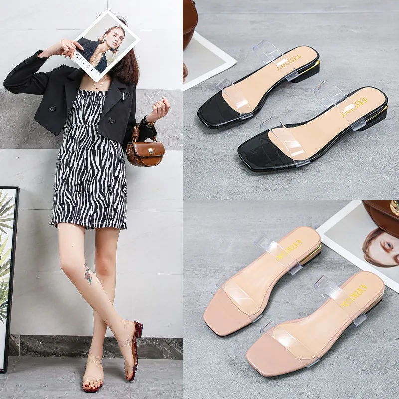 2022 New Women Sandals Summer Slip-on High Heel Women Beach Slippers Transparent Pvc Sandals Square Toe Slides Size 35-43