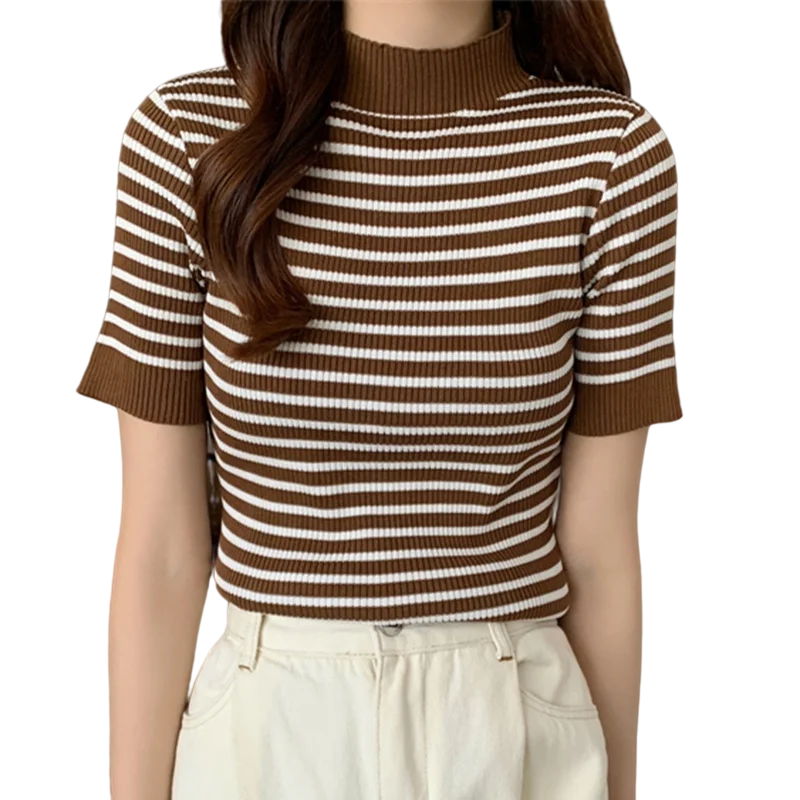 

Striped T Shirt Women Clothes 2022 Summer Turtleneck Knit Short Sleeve Tops Tshirt Elasticity Casual T-shits Camisetas De Mujer