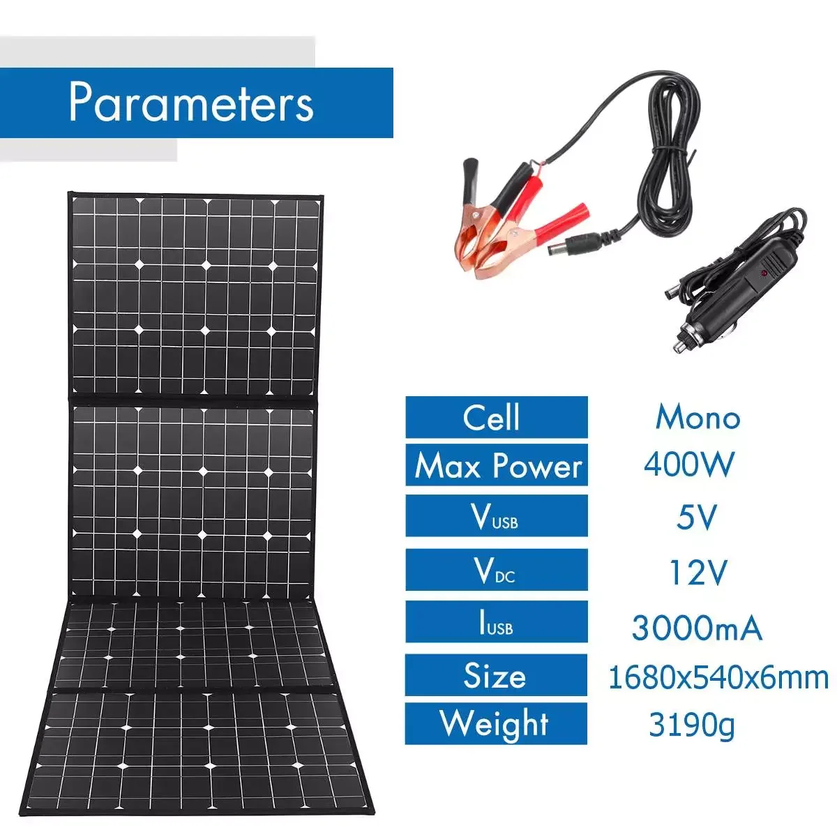 

Монокристаллическая складная солнечная панель 18 в 400 Вт с кабелями 1,5 м + набор интерфейса USB для работы на открытом воздухе