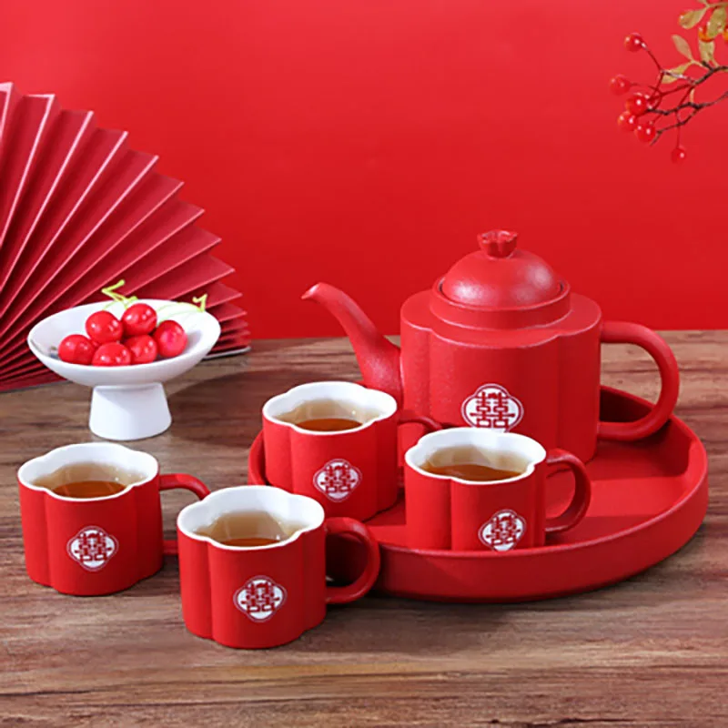 

Ceramic Double Happiness Red Wedding Tea infuser Gift Porcelain Chinese Home Porcelain Teapot Tea Cup Pot Luxury Gift