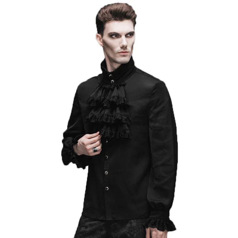 Gothic Steampunk Flounce Tie Shirt Black White Men Casual Shirts Camisa Masculina Chemise With Long Sleeves Blouses