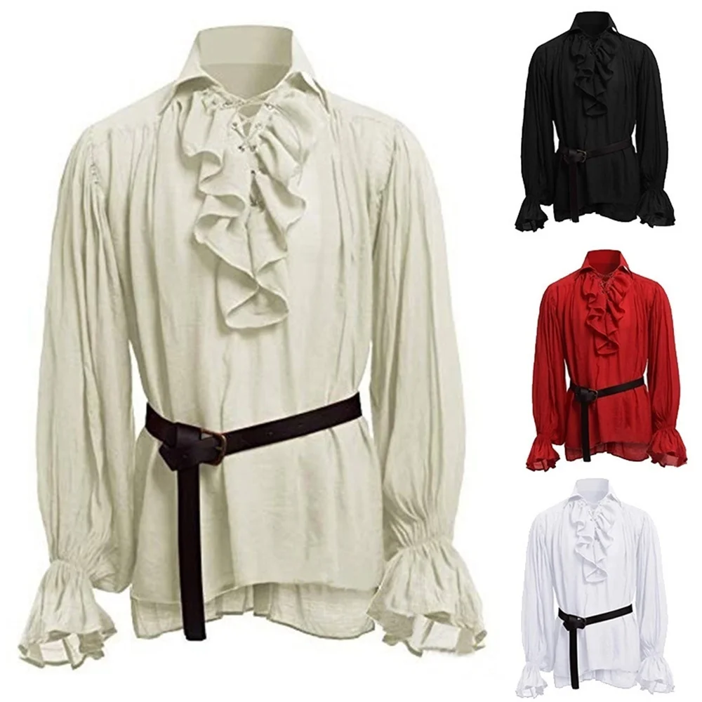 

New Medieval Renaissance Lacing Up Shirt Bandage Tops For Adut Men Larp Vintage Costume Fluffy Long Sleeve Male Shirt Belt Set