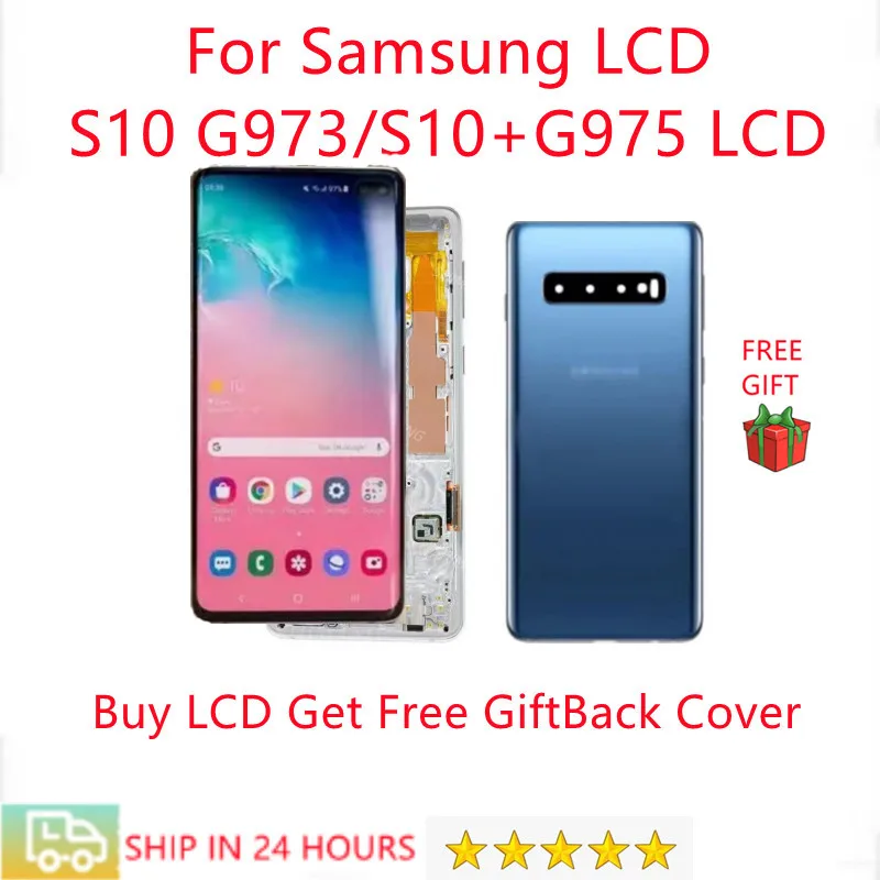 

100% Original LCD For Samsung Galaxy S10 Plus G975 G975F Display Touch Screen For Samsung S10 G973 G973F LCD With back cover