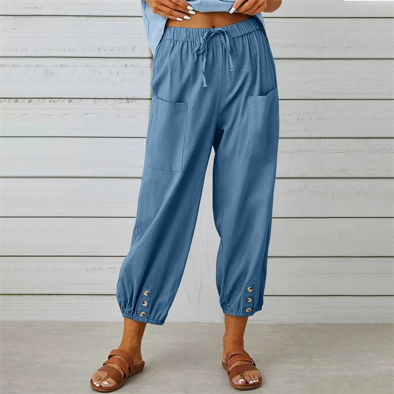 

Solid Color Drawstring Elastic Waist Work Trousers Elegant Loose Double Pocket Casual Cotton Harem Pants