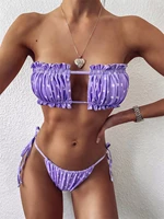 elegant purple swimwear women off shoulder pleate bikini hollow out lace up push up bathing suit thong swimsuit 2022