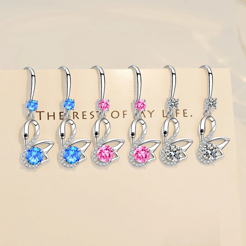 

New Stamp Silver Color Women's Drop Earrings Cute Goose Ear Hook Pendant Multicolor Zircon Earring For Women Girl Jewelry Gifts