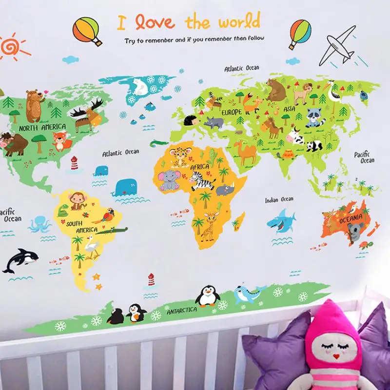 

Map of Wall Stickers I Love The World Cartoon Animal World Map Children's Room Bedroom Kindergarten Decorative Wall Sticker