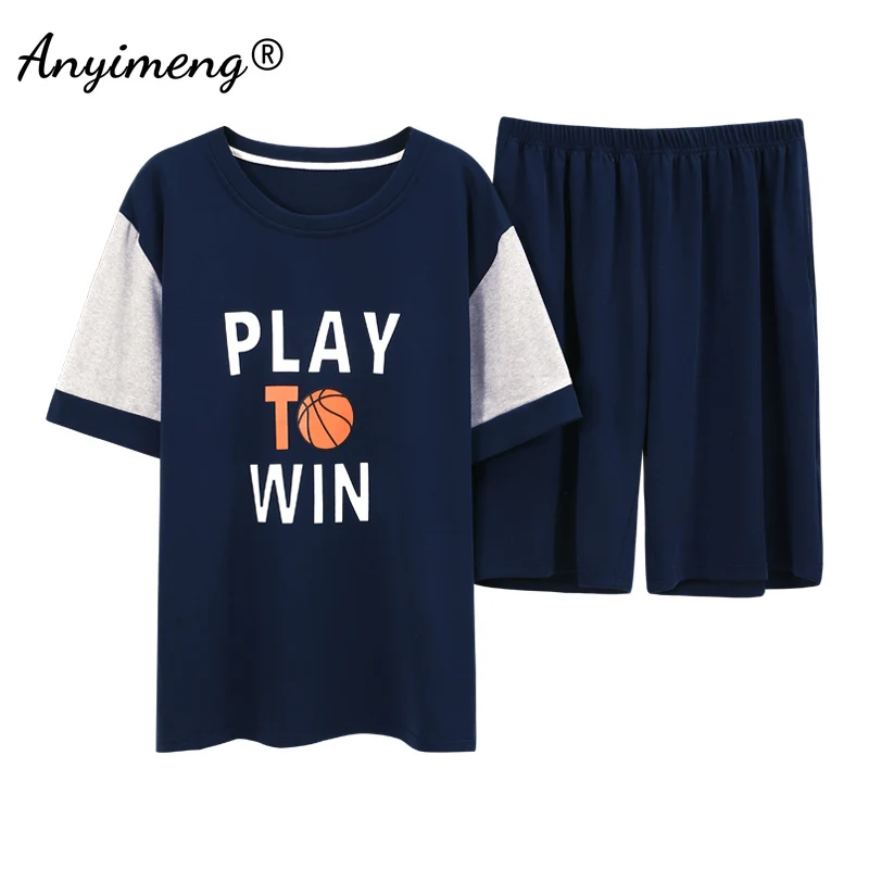 

100% Cotton Youth Men Pajamas Soft Breathable Sleepwear Leisure Summer Shorts Homewear Pullover Basketball Printing Fashion Pjs
