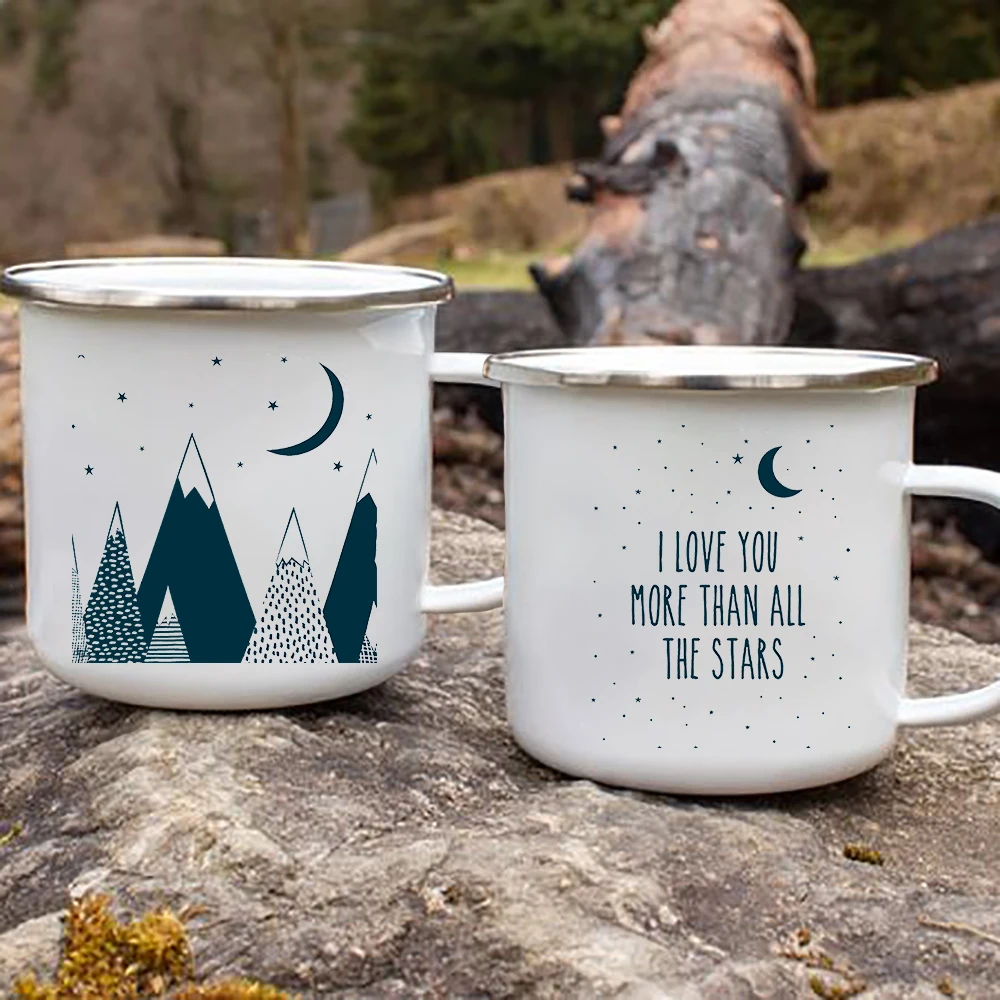 

Camping Bonfire Party Beer Drink Juice Cola Cups Outdoor Hiking Gifts Tree Mountain Moon Stars Creative Enamel Coffee Tea Mugs
