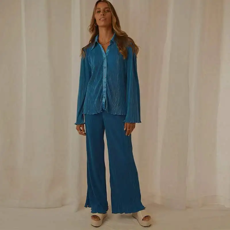 

Pleated Solid Women Set Long Sleeve Shirts and Straight Wide Leg Pants Suits Tracksuit Two Piece Set Fashion Outfits