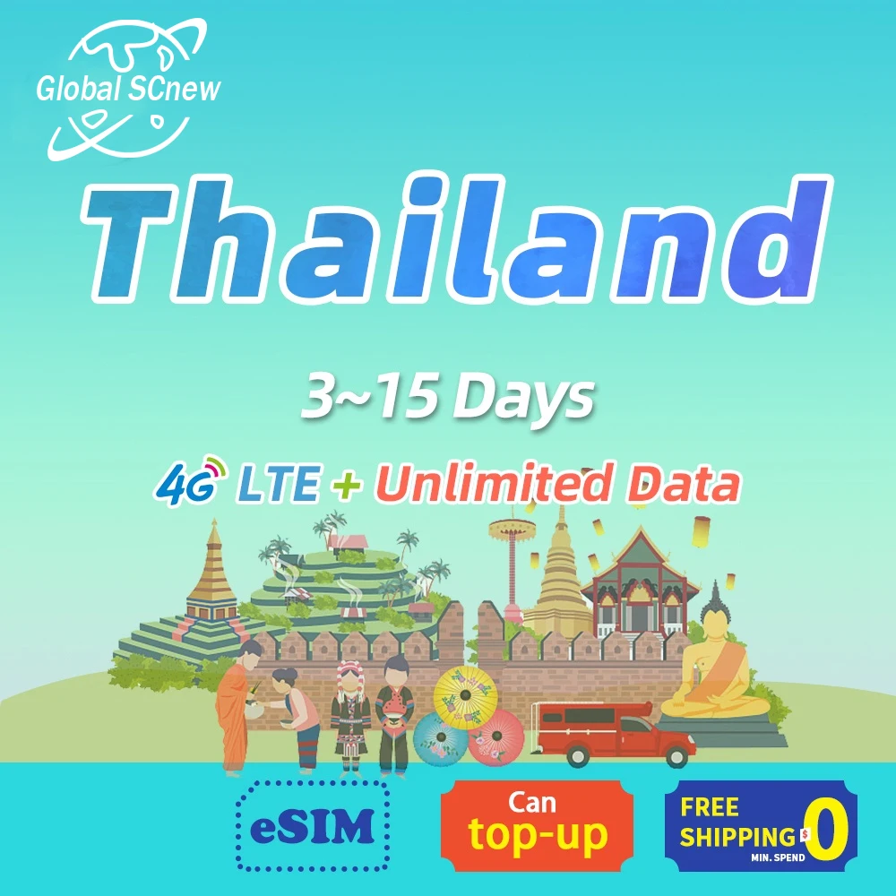 

Thailand sim card Prepaid 3~15 Days Support eSIM Unlimited Data 4G Operator Data Roaming For Travel