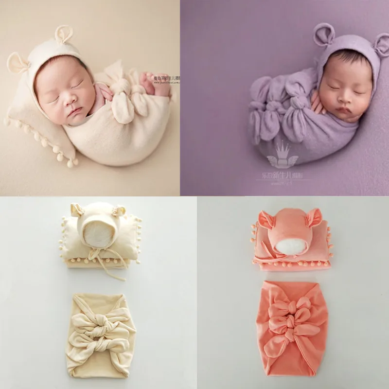 Newborn Photography Clothing Baby Hat+Wrap+Bow Wrap+Pillow 4Pcs/Set Studio Boys And Girls Photo Props Accessories Shoot Costume