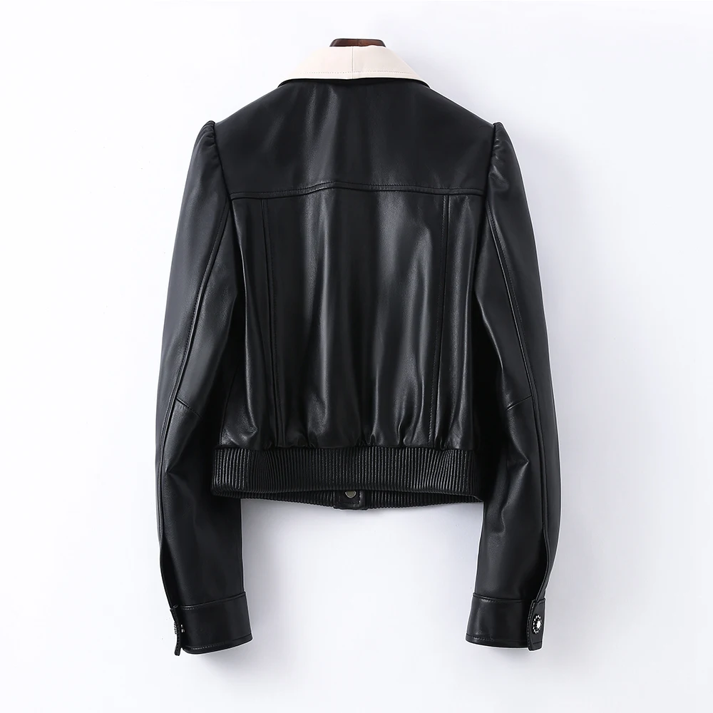 Lady Leather Jackets 2022 New Genuine Sheepskin Short Coat Single-Breasted Contrast Collar Elegant Fashion Autumn Outwear 9086