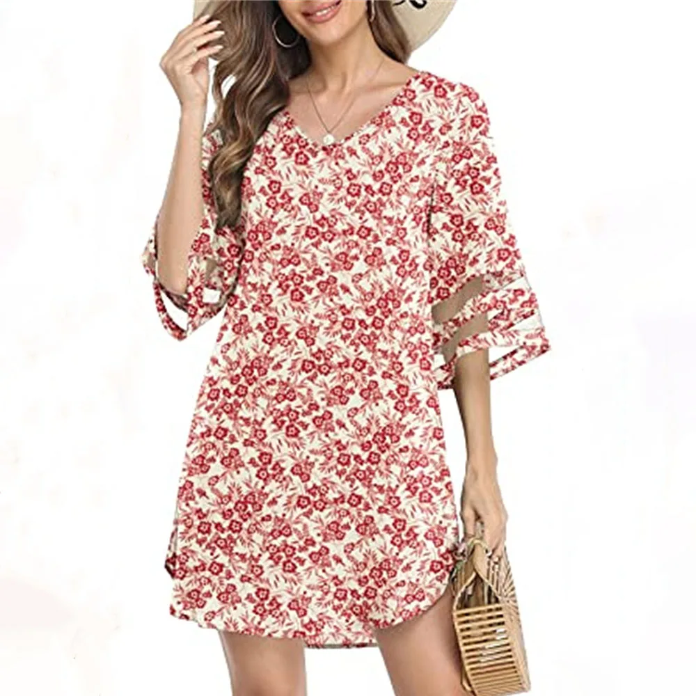 Женское платье-мини с V-образным вырезом черно-белое повседневное свободное