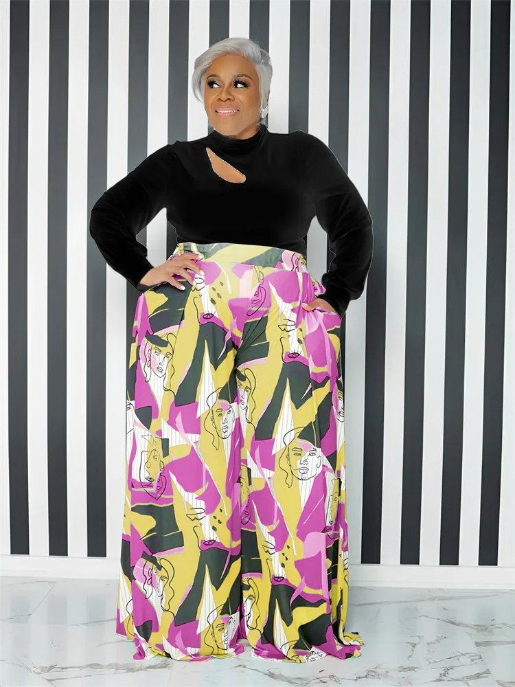 Plus Size 2 Piece Outfits Women Crop Top Pants Sets Printed Wide Leg Matching Casual New Tracksuit Who 3xl 4xl 5xl 6xl