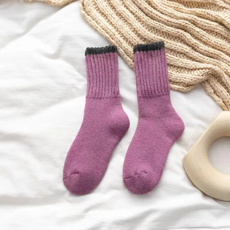 5 Pairs Winter Women Looped Socks Super Thick Keep Warm Wool Thermal Mid-tube Socks Snow Solid Color Floor Sokken Against Cold