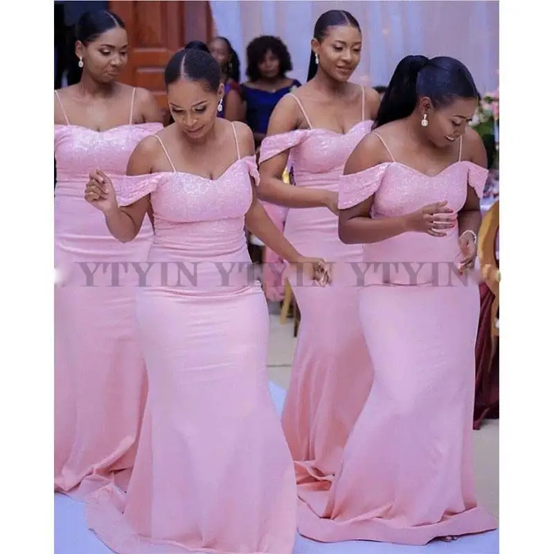 

Африканские женские розовые платья подружки невесты, длинные платья с открытыми плечами и блестками, подружка невесты, платья для гостей свадьбы