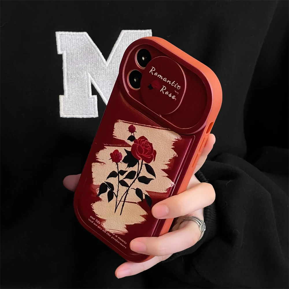 

Retro Slide Camera Lens Protection Romantic Phone Case For iPhone 14 12 11 13 Pro Max XS X XR Red Roses Leather Shockproof Cover