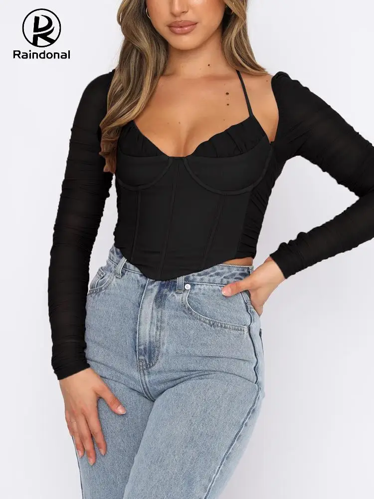 

Сетчатый корсет Raindonal, топ с косточками, Мягкие Блузки на косточках и молнии с длинным рукавом, модные топы, укороченный женский пикантный то...