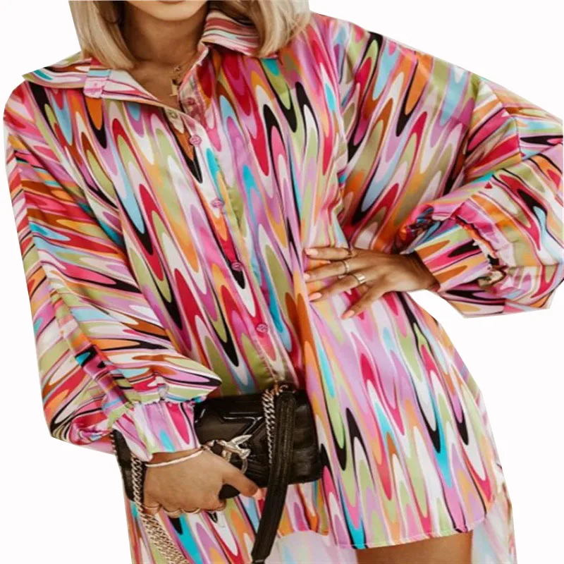 

Summer Women Print Lantern Sleeve Tees Elegant single-breasted Blouses Casual Loose Lapel shirt