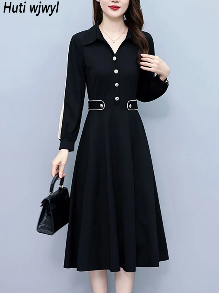 

Autumn Winter Vintage Black Office Lady V-neck Shirt Dress Women Elegant Party Midi Dress 2023 Fashion Bodycon Chic Night Dress