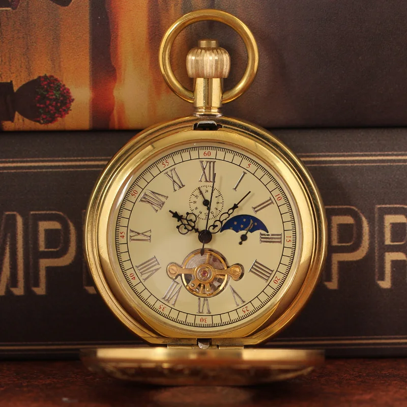 Pure copper fully automatic mechanical pocket watch retro nostalgic hollowed-out flip Roman nostalgic