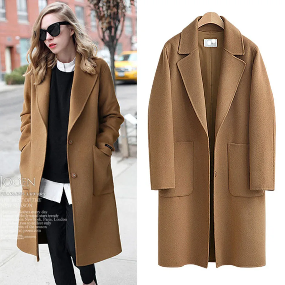 

Длинное женское пальто для осени и зимы, модная шерстяная куртка в стиле High Street, пальто, однобортная Женская одежда с отложным воротником