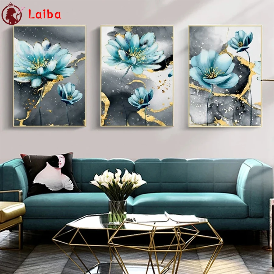 

Алмазная живопись «сделай сам», Скандинавская живопись, золотые синие цветы, полная выкладка, алмазная вышивка, вышивка крестиком, мозаика ручной работы, подарок x 3 шт.