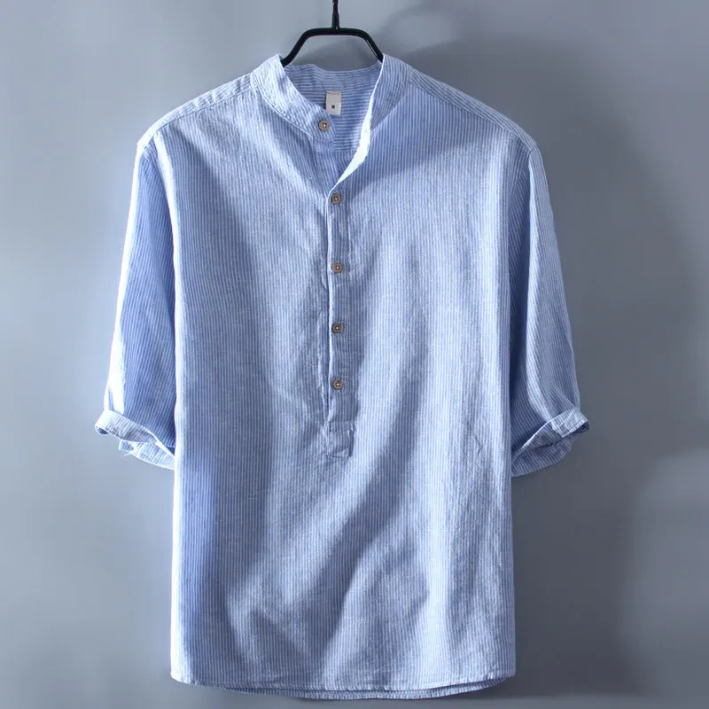 

New Men Linen Shirt Loose Casual Japanese Stand Collar Striped Shirt Comfortable Half Sleeve Top Male Brand Clothing