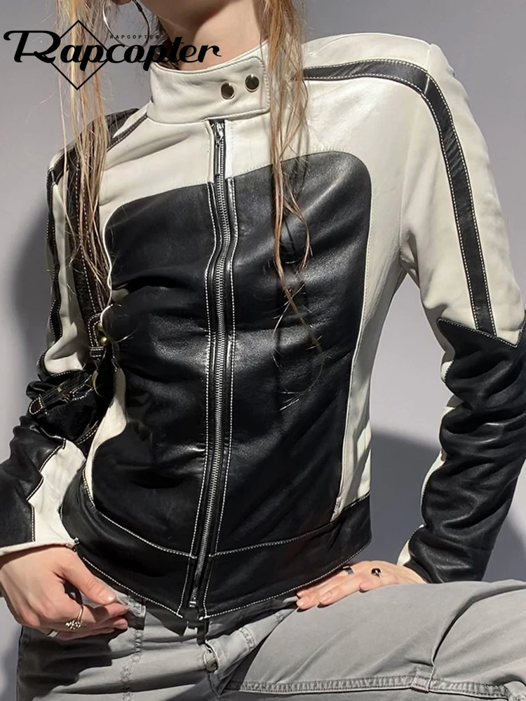 

Rapcopter y2k Patchwork Leather Jackets Striped Cargo Punk Coat Biker Moto Grunge Streetwear Outwear Women Vintage Korean 90s