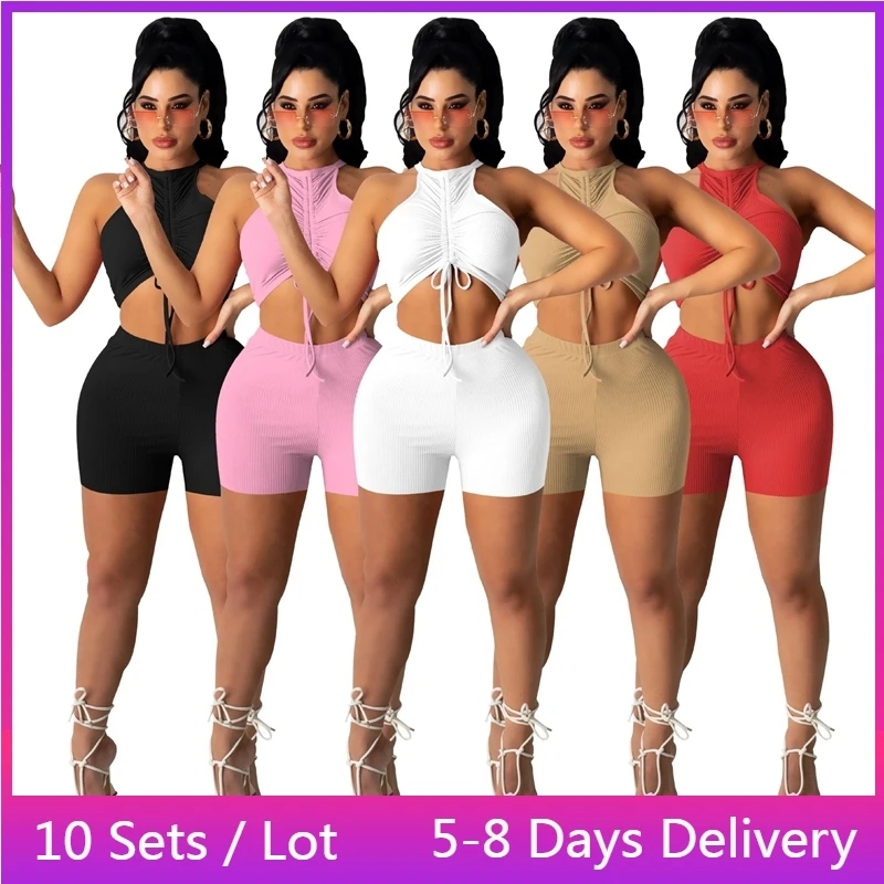 

Wholesale Items for Business In Bulk Clothes Ribbed Two Piece Set Shorts and Crop Top Set Sport Workout Tracksuit Women Fitness