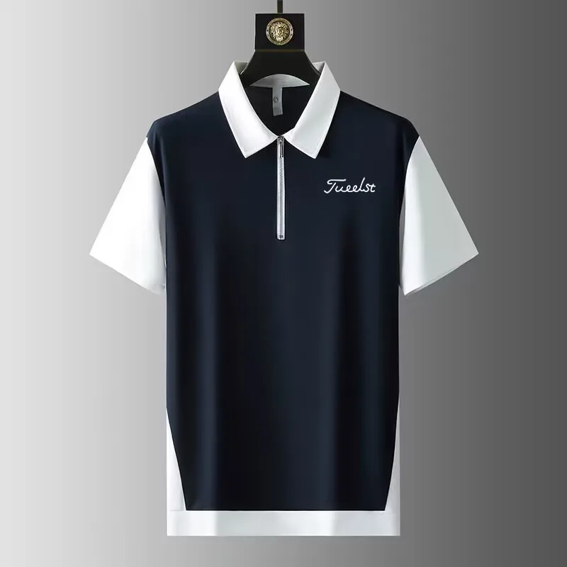 2023 New Summer Golf Embroidery Short Sleeve Men's Polo Shirt Slim Stitching Zipper Lapel Men's T-shirt
