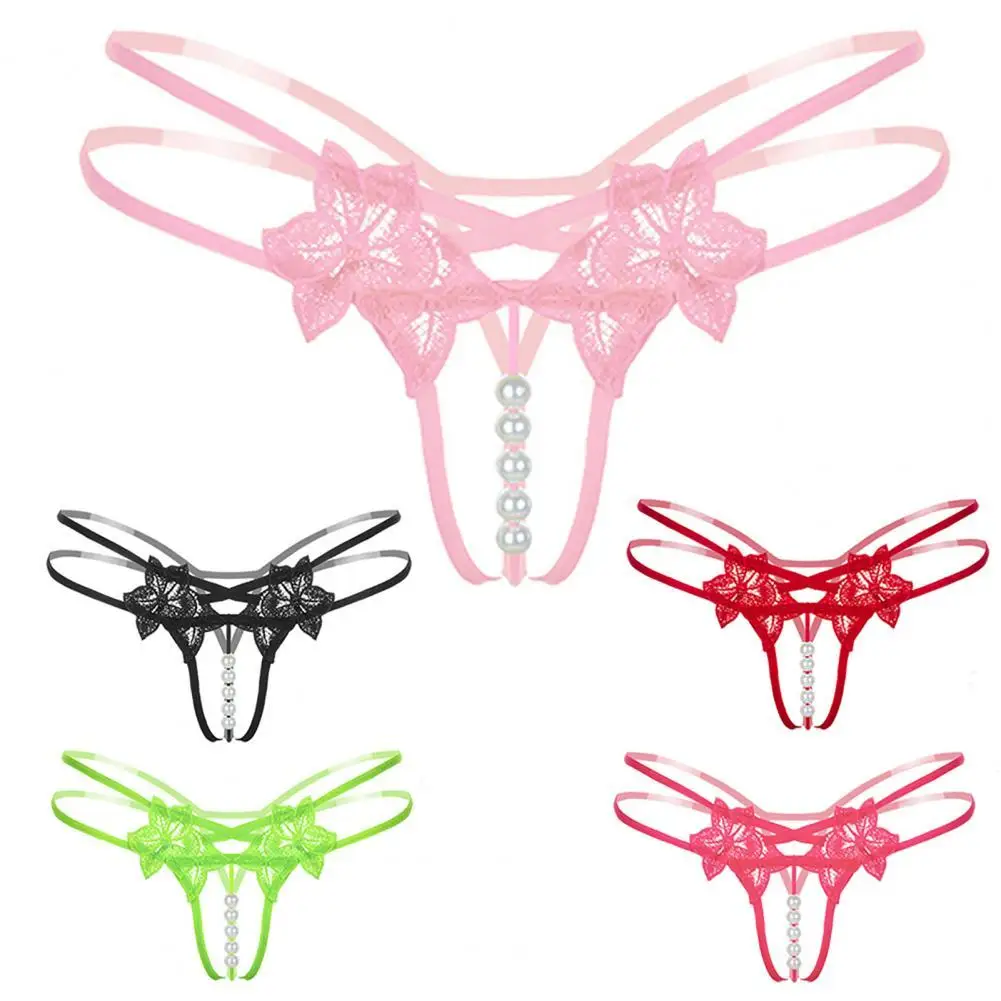 G-String Strap Thong Flower Pattern Lace Imitation Pearl Extra-thin Sexy Bikini Panties for Women Honeymoon