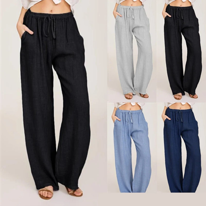 Summer Women's Cotton Linen Drawstring Loose Wide-Leg Pants Hot Sale Long Trousers With Pocket Female Sweatpants S-3XL