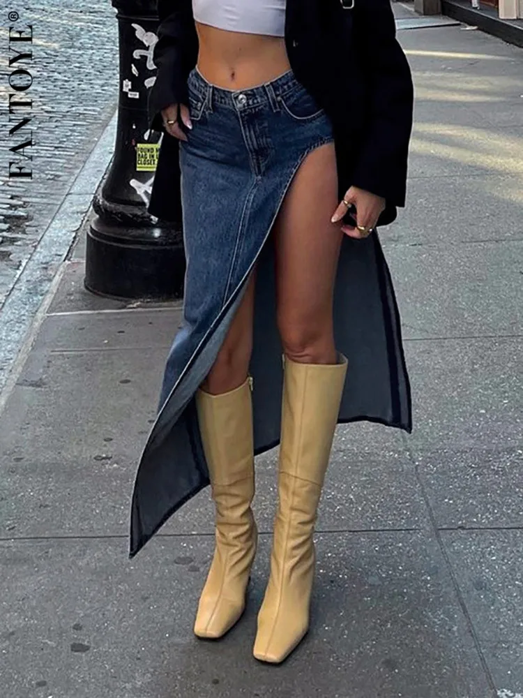 

Fantoye Sexy High Slit Denim Skirt Women Blue High Waist Long Skirt Female Spring Summer New Skinny Spicy Girl Streetwear 2023