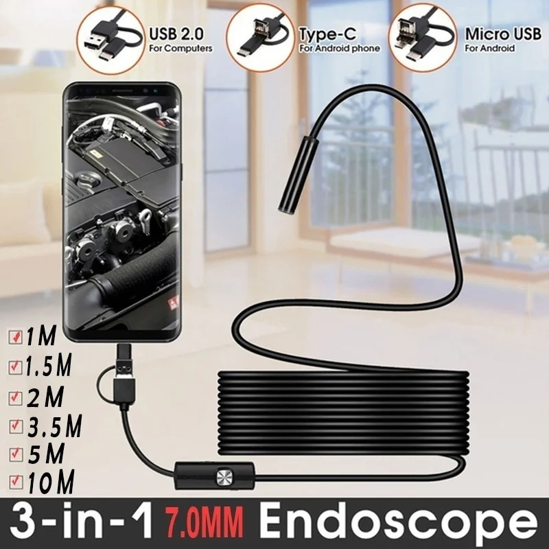 Mini cámara endoscópica USB tipo C, 7mm, 1M, 3,5 M, 5M, Cable duro Flexible, cámara de inspección de boroscopio de serpiente para teléfono inteligente Android y PC