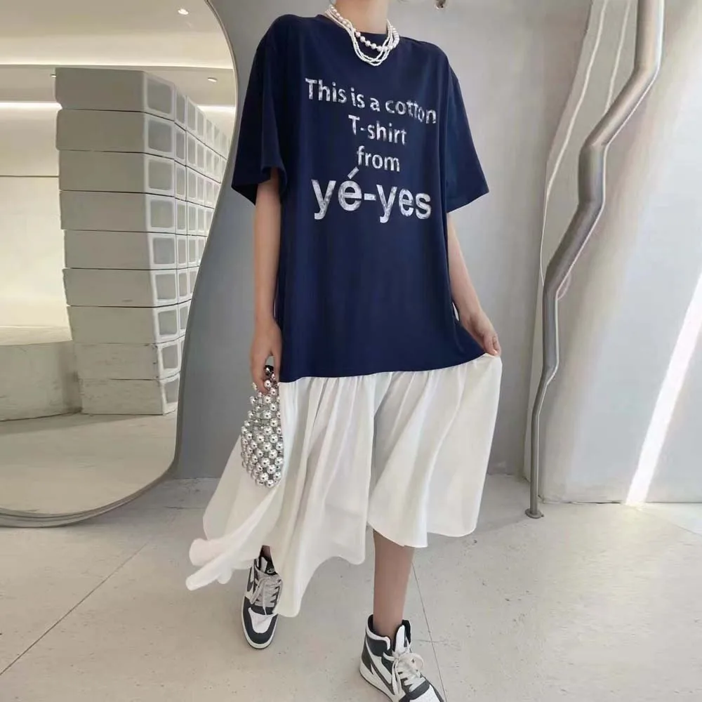 

Женское платье-футболка составного кроя, свободное асимметричное платье-футболка с коротким рукавом, пуловер в Корейском стиле для отдыха, ...