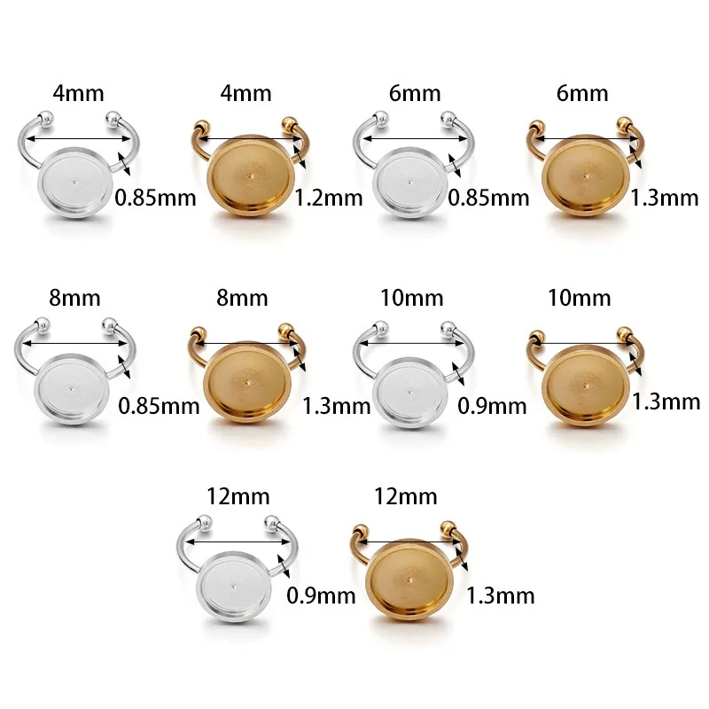 5pcs Gold Stainless Steel Adjustable Blank Ring Base Fit Dia 4/6/8/10/12mm Cabochons Cameo Settings Tray Diy Ring Jewelry Making