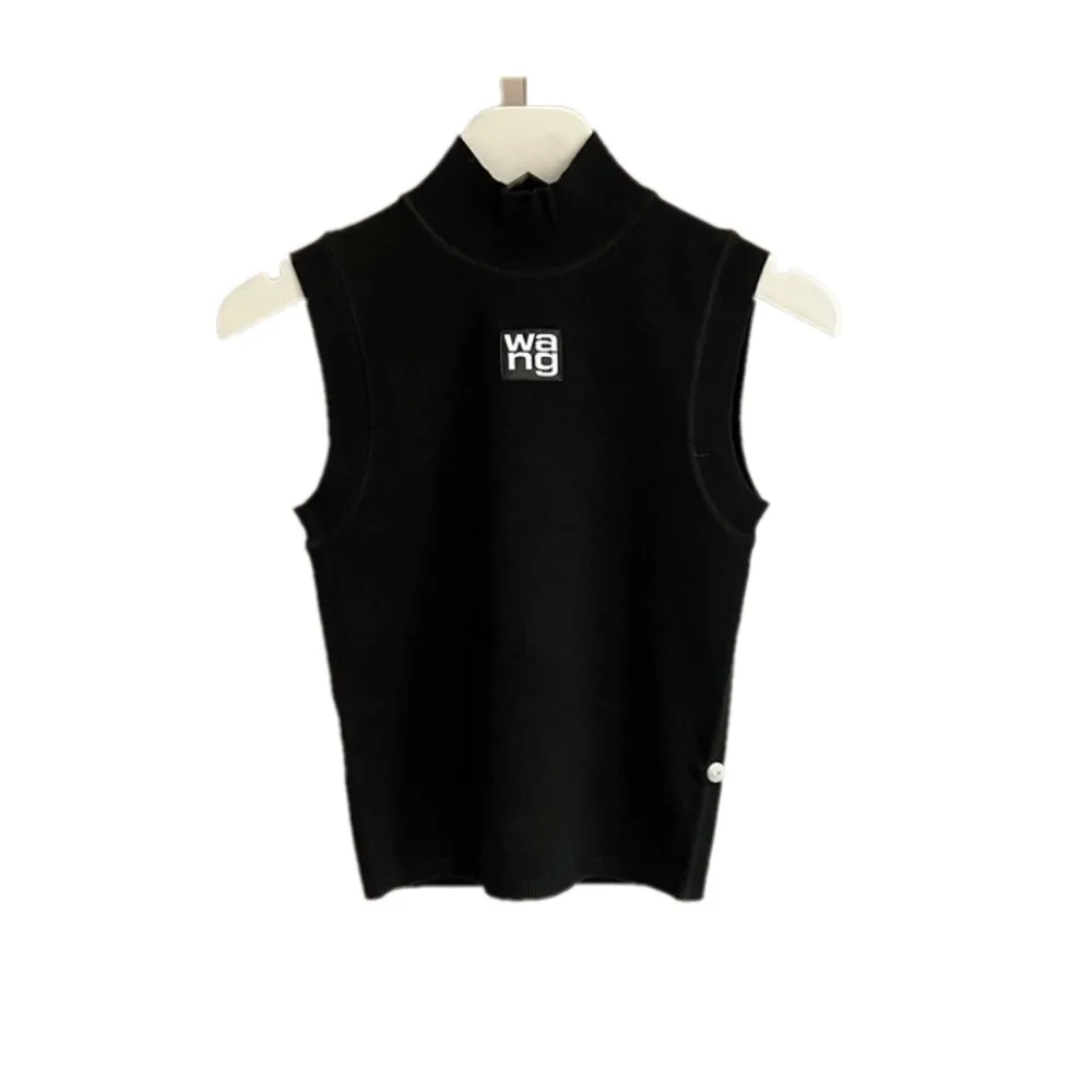 

Letter Wang Black Short Letter Tank Top Spring Summer New Knitted Slim Fit Half High Collar Sleeveless Top Women's Fashion Tops