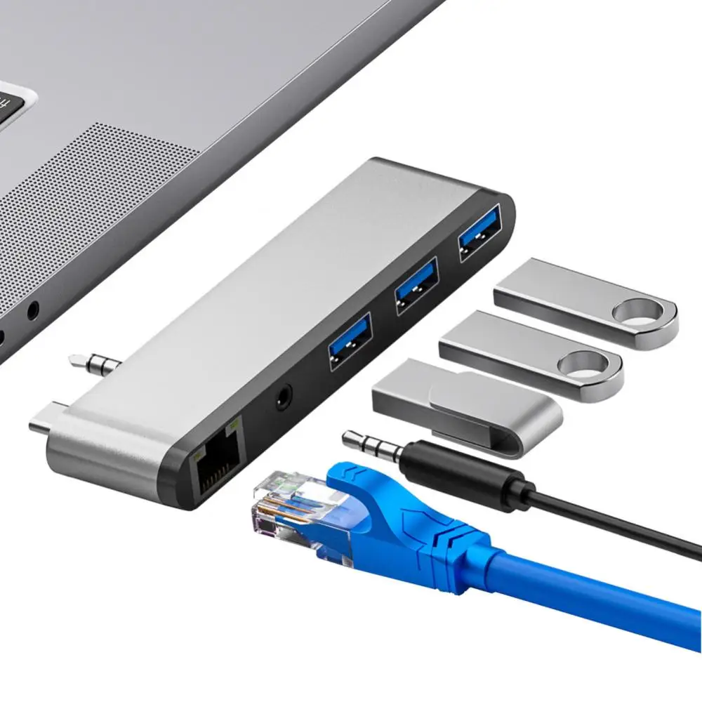 

5gbps Type C Desktop Docking Station 5 In 1 Usb C Hub Rj45 Audio Jack Card Reader Phone Accessories Super Speed Adapter Portable